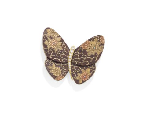 VAN CLEEF AND ARPELS: WOOD, LACQUER, DIAMOND AND MOTHER-OF-PEARL LIMITED EDITION 'KIKUMAKIE' BUTTERFLY BROOCHThe wooden wings