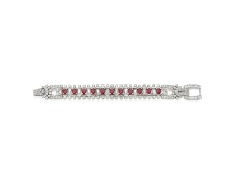RUBY AND DIAMOND STRAP BRACELETSet with eleven oval-cut rubies alternating with step-cut diamonds and courses of baguette, br