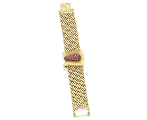 OMEGA: RUBY-SET WATCH/BRACELET, CIRCA 1945The circular dial with stud and Arabic numeral hourmarkers, beneath a cover with bo