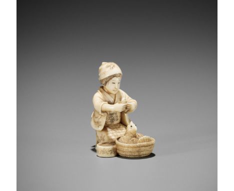 RYO: AN IVORY NETSUKE-OKIMONO OF A FARMER WITH CHICKENSSchool of Ono Ryomin, signed Ryo  Japan, Tokyo, late 19th century, Mei