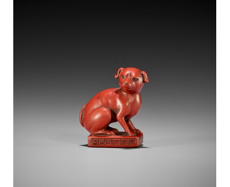 A FINE TSUISHU LACQUER NETSUKE OF A DOG ON RECTANGULAR BASEJapan, 19th century, Edo period (1615-1868)Finely carved and lacqu