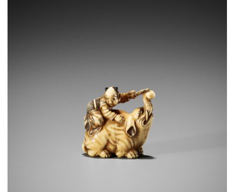 ANRAKU: A RARE IVORY NETSUKE OF A KARAKO AND ELEPHANT By Shukosai Anraku(sai), signed AnrakuJapan, Osaka, mid-19th century, E