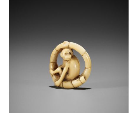 A MARINE IVORY NETSUKE OF A MONKEY SITTING IN A COILED BAMBOO NODEJapan, c. 1830, Edo period (1615-1868)Published: Sydney L. 