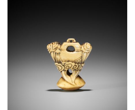 A RARE STAG ANTLER NETSUKE OF THE CLAM'S DREAMJapan, 18th century, Edo period (1615-1868)Carved from a branch of antler, the 