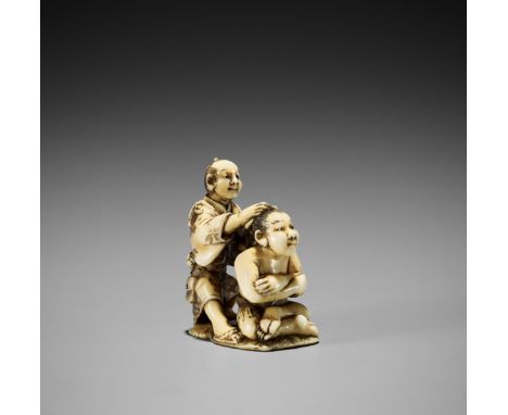 GYOKUSAI: A RARE IVORY NETSUKE OF A SUMO WRESTLER AND HAIRDRESSERBy Gyokusai, signed GyokusaiJapan, mid to late 19th centuryP