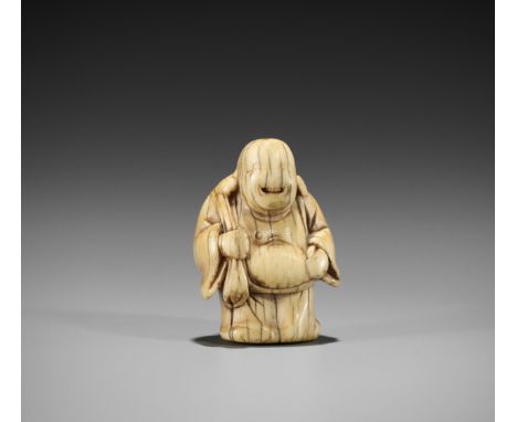 AN EARLY IVORY NETSUKE OF HOTEI WITH TREASURE BAGJapan, 17th to early 18th century, Edo period (1615-1868)Published: Moss, Sy