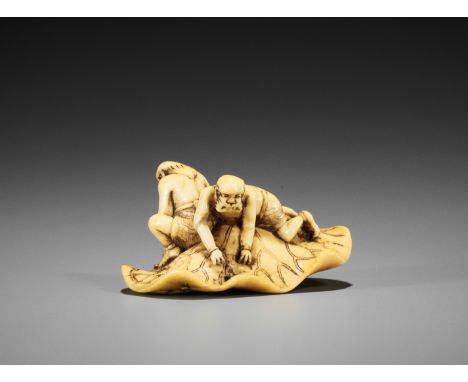 GYOKUHOSAI RYUCHIN: A MARINE IVORY NETSUKE OF TWO ONI SEARCHING FOR A NAMAZU  By Gyokuhosai Ryuchin, signed RyuchinJapan, Edo