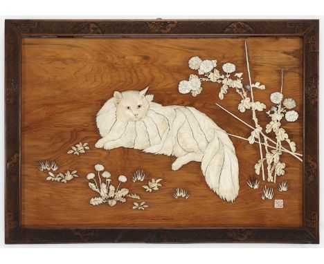 GYOKKO: AN INLAID WOOD PANEL DEPICTING A CAT AND FLOWERSBy Gyokko, signed Gyokko sho koreJapan, Meiji period (1868-1912)The w