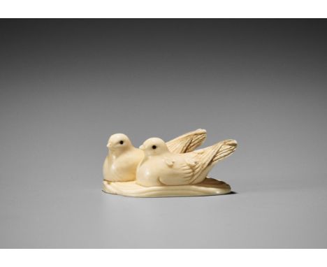 A FINE IVORY NETSUKE OF TWO SWIMMING GULLS (MIYAKODORI)By Toshu, signed ToshuJapan, late 19th century to early 20th century, 