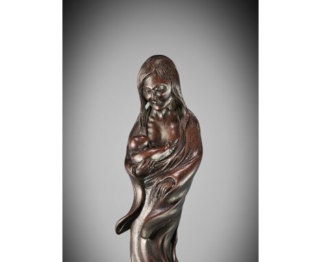JUGYOKU: AN IMPORTANT AND MASTERFUL WOOD NETSUKE OF THE FEMALE GHOST OIWA WITH CHILD, COMMISSIONED FOR THE FAMOUS KABUKI ACTO