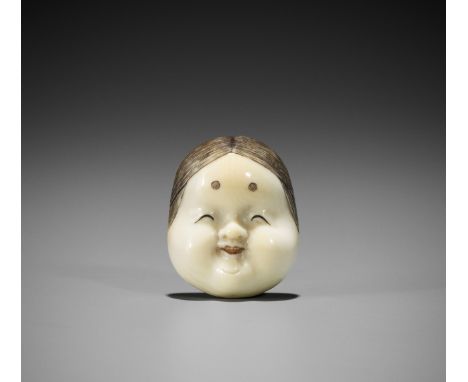 TOSHIMASA: A FINE IVORY MASK NETSUKE OF OKAMEBy Toshimasa, signed ToshimasaJapan, 19th centuryOkame is depicted with black ha