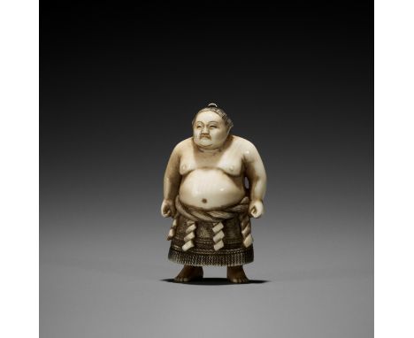 TADAYOSHI: AN IVORY NETSUKE OF A YOKOZUNA (SUMO CHAMPION)By Tadayoshi, signed TadayoshiJapan, 19th centuryThe wrestler wearin