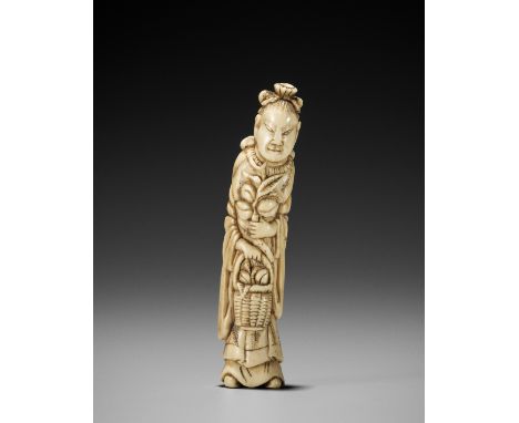 A TALL STAG ANTLER NETSUKE OF SEIOBOJapan, 18th century, Edo period (1615-1868)Carved from a large hollow branch section of t