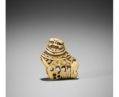 A STAG ANTLER SILK SEAL NETSUKE OF A FOREIGNERJapan, 18th century, Edo period (1615-1868)Carved as a foreigner with elaborate