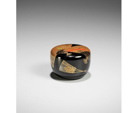 TASAKI SHOICHIRO: A BLACK AND GOLD-LACQUERED NATSUME (TEA CADDY) WITH FAN PAINTINGSBy Tasaki Shoichiro (b. 1931), signed Shoi