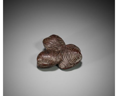MEIGYOKU: A RARE WOOD NETSUKE OF THREE HAMAGURI CLAMS  By Meigyoku, signed MeigyokuJapan, Tokyo, early 20th centuryWell carve