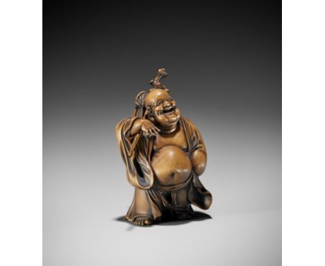 ROKKO: A FINE WOOD OKIMONO OF HOTEIBy Rokko, signed RokkoJapan, Tokyo, late 19th centuryDepicting the lucky god Hotei laughin