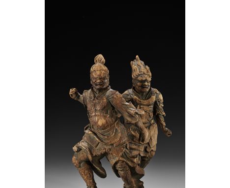 TWO UNUSUAL WOOD FIGURES OF BISHAMONTEN AND FUDO MYO-OJapan, 17th-18th century, Edo period (1615-1868)Both carved standing on