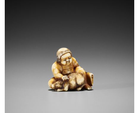 NORISHIGE: AN IVORY NETSUKE OF KINTARO WITH BEARBy Norishige, signed NorishigeJapan, Osaka, mid-19th centuryThe Golden Boy se