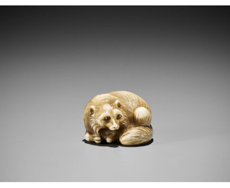 HIROKI: AN IVORY NETSUKE OF A RECLINING TANUKIBy Hiroki, signed HirokiJapan, Meiji Period (1868-1912)Charmingly carved as a r