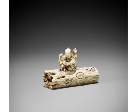 KORAKU: AN IVORY OKIMONO DEPICTING A MAN ON A TREE TRUNK WITH HIDDEN MONKEYS By Koraku, signed KorakuJapan, Meiji period (186