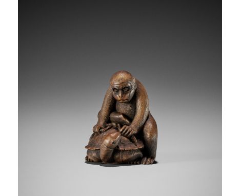 MASATAMI: A FINE WOOD NETSUKE OF A MONKEY MOUNTING A TORTOISEBy Masatami, signed Masatami  Japan, Nagoya, late 19th centuryA 