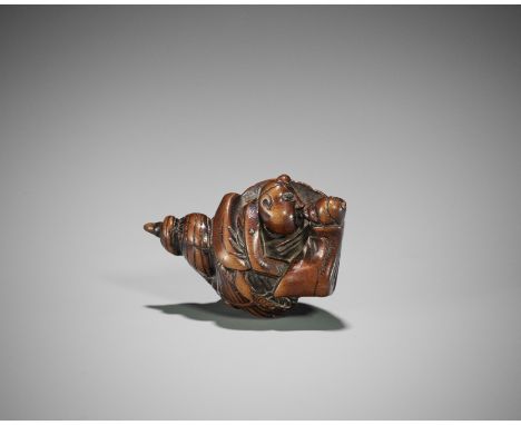 IKKO: A WOOD NETSUKE OF BENKEI INSIDE HORAGAIBy Ikko, signed IkkoJapan, late 18th to early 19th century, Edo period (1615-186