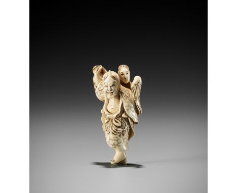 AN IVORY NETSUKE OF IKKAKU SENNIN CARRYING THE LADY OF BENARESJapan, Kyoto, late 18th to early 19th century, Edo period (1615