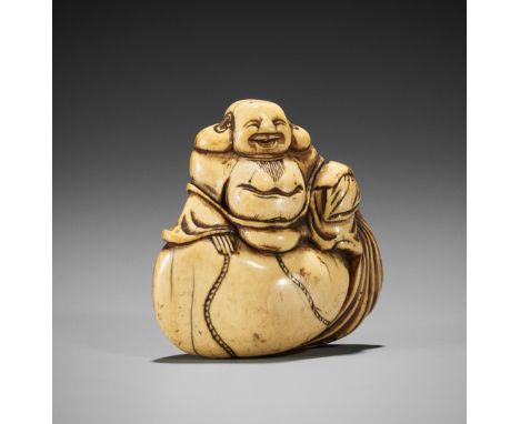 A LARGE IVORY NETSUKE OF HOTEI ON HIS TREASURE BAGJapan, 18th century, Edo period (1615-1868)Published: Moss, Sydney L. (2016