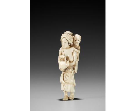 CHIKAMASA: AN IVORY NETSUKE OF A MOTHER WITH CHILDBy Chikamasa, signed ChikamasaJapan, Edo/Tokyo, second half of 19th century