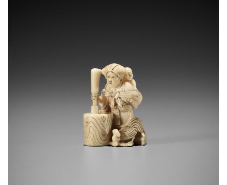 CHIKUSAI: AN IVORY NETSUKE-OKIMONO OF A MOTHER POUNDING MOCHIBy Chikusai, signed ChikusaiJapan, Tokyo, Meiji period (1868-191