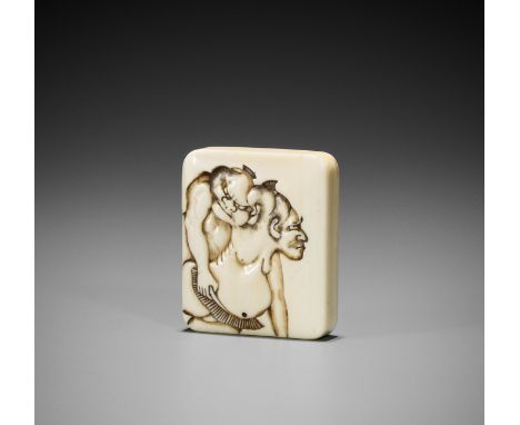 RYUSHO: AN IVORY MANJU NETSUKE DEPICTING TWO SUMO WRESTLERSBy Ryusho, signed Ryusho  Japan, Osaka, 19th centuryPublished: Ban