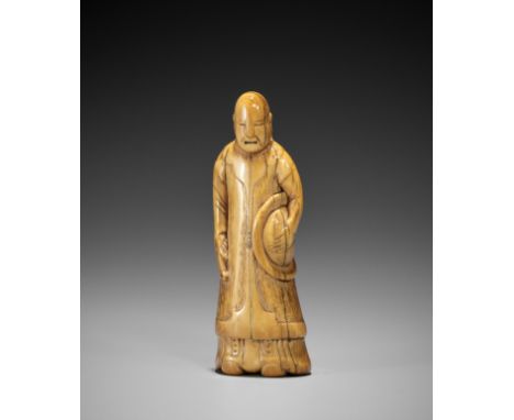 AN EARLY IVORY NETSUKE OF A CHINESE OFFICIALJapan, 17th century, Edo period (1615-1868)Finely carved standing, wearing volumi