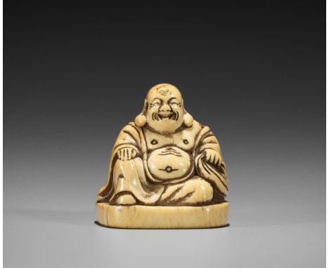 AN IVORY NETSUKE OF HOTEI WITH HIS TREASURE SACKJapan, 18th century, Edo period (1615-1868)Published: Moss, Sydney L. (2016) 