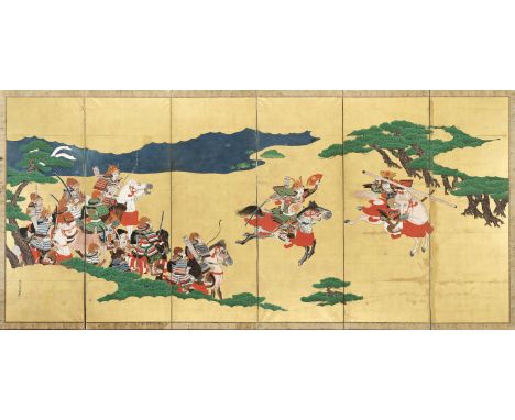 HOGEN KIJOKUNI: A SIX-PANEL BYOBU SCREEN DEPICTING A SCENE FROM THE BATTLE OF ICHINOTANIBy Hogen Kijokuni (active 1813-1830),