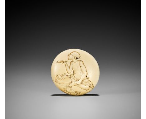 HORYU: AN IVORY MANJU NETSUKE DEPICTING A TOOLSMAN SMOKING A PIPEBy Horyu, signed Horyu with kakihan Japan, Edo (Tokyo), mid-