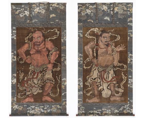 AN IMPRESSIVE PAIR OF LARGE SCROLL PAINTINGS DEPICTING NIO GUARDIANSJapan, c. 1700, early Edo period (1615-1868)Each boldly a