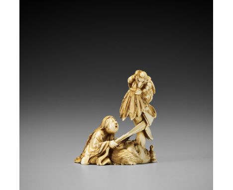 MASANOBU: AN UNUSUAL IVORY SHUNGA NETSUKE OF OKAME POLISHING A TENGU MASKBy Masanobu, signed Masanobu  Japan, Meiji period (1