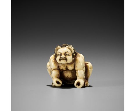 A RARE IVORY NETSUKE OF A SUMO WRESTLERJapan, 19th century, Edo period (1615-1868)Published: Bandini, Rosemary (2006) Tiny Ti