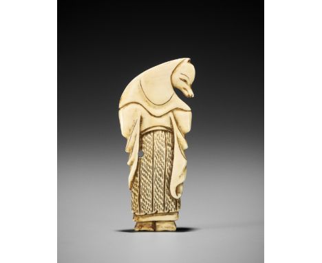 A FLAT IVORY NETSUKE OF A FOX PRIEST (HAKUZOSU)Japan, 18th century, Edo period (1615-1868)Of flat, slightly curved shape, dep