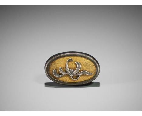 A RARE MIXED METAL NETSUKE OF A FUCHI-GASHIRA WITH ORCHIDJapan, late 19th centuryThe fuchi-gashira shaped netsuke fitted with