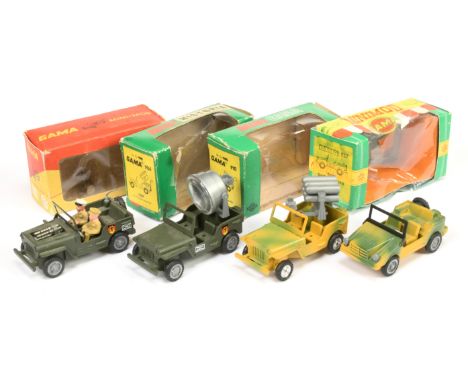 Gama Military Jeeps group of 4 (1) 904 green with plastic hubs and figures, (2) with searchlight and plastic hubs, (3) camouf