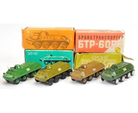 Russian made group of 4 Armoured cars (1/43rd) scale - (1) military green, (2) mid-green, (3) dark green and (4) brown - all 