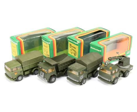 Gama Military group of 4 trucks to include (1) 9298 Faun Crane, (2) 92967 Covered Wagon, (3) same but darker green and (4) 92