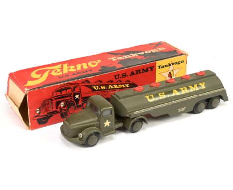 Tekno 434 Volvo "US Army" Articulated Tanker - drab military green, red filler caps, flat spun hubs - Excellent in a Fair cor