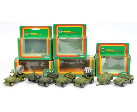 Gama Military Jeeps group of (5) to include 90397 with trailer 9107 Rocket launcher, plus others - conditions are generally E