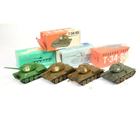 Russian made group of 4 T34 tanks &nbsp;(1/43rd) - (1) Mid-green, (2) Drab greyish-green, (3) Yucky brown and (4) same as pre