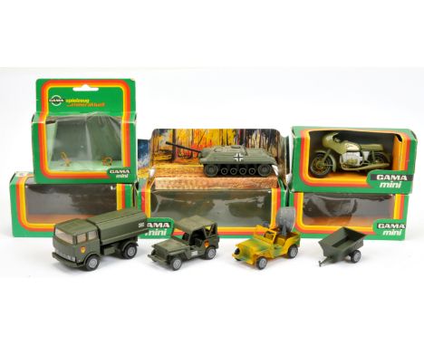 Gama Military group of 5 to include 90387 Jeep with trailer, 71607 Tank Jagdpanzer, 93217 Tanker plus others - conditions are
