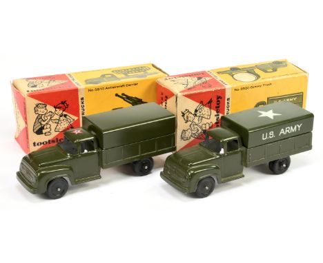 Tootsietoy Military a pair (1) Covered "US Army" Wagon, black wheels and (2) another but with red, white and blue star on cab