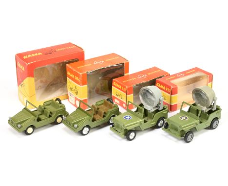 Gama Military Jeeps group of 4 (1) 937 green with brown seats and chrome spun hubs, (2) same but green seats and plastic hubs